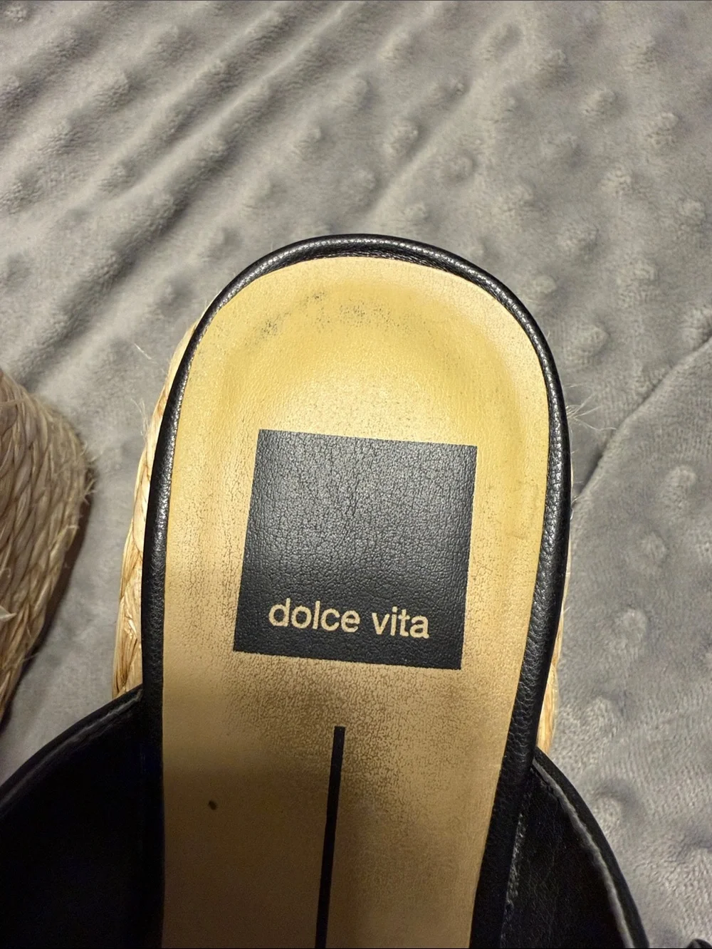 Dolce Vita Black Leather Espadrille Slide Sandals with Tan Buckles